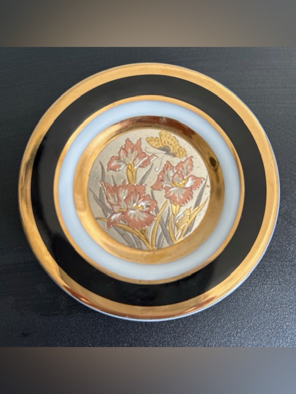 Art of Chokin Iris Butterfly Plate 4" 24KT Gold Edge Japan Vintage